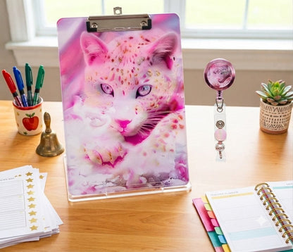 Pink Snow Leopard Clipboard & Badge Reel Set