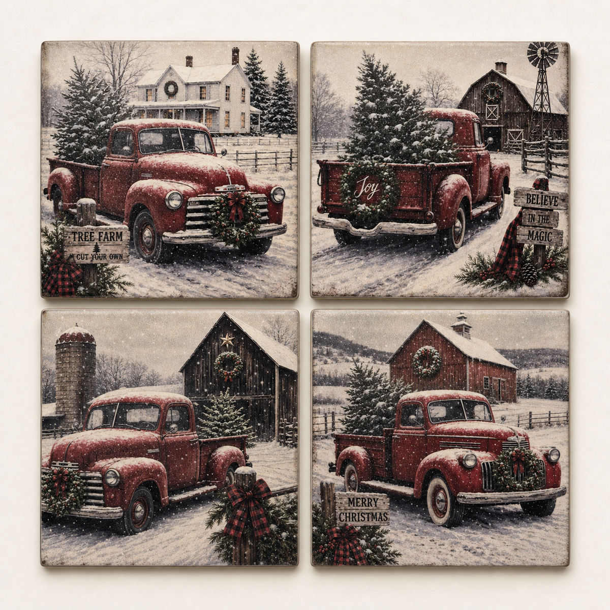 Vintage Red Truck Christmas – Ceramic Coasters, Set of 4